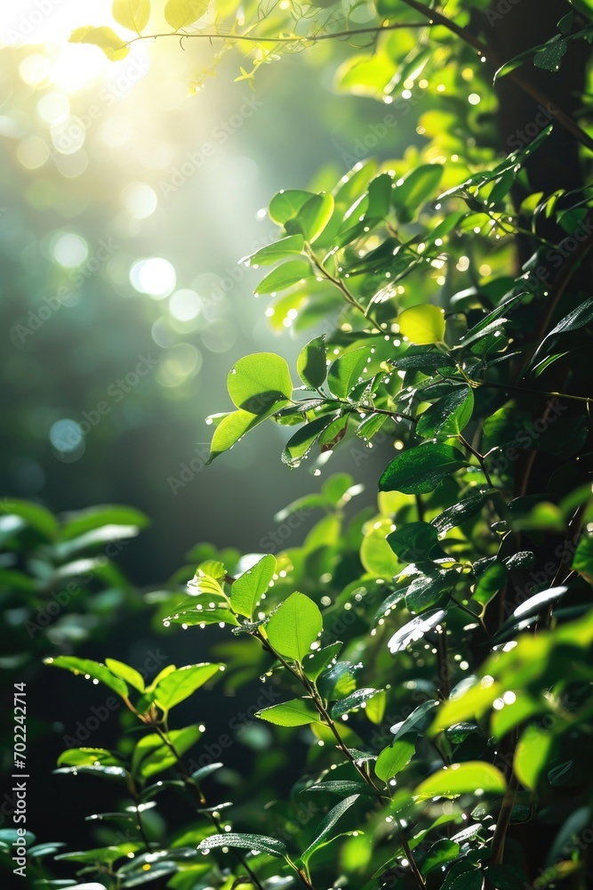 Obraz premium Background of green greenery in sunlight with sun rays
