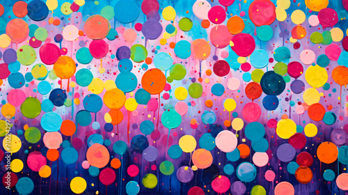 A bright pattern of multicolored dots on a white background, a playful and joyful pattern. the size and colors of the dots give the impression of festive confetti or balloons taking off into the sky.
