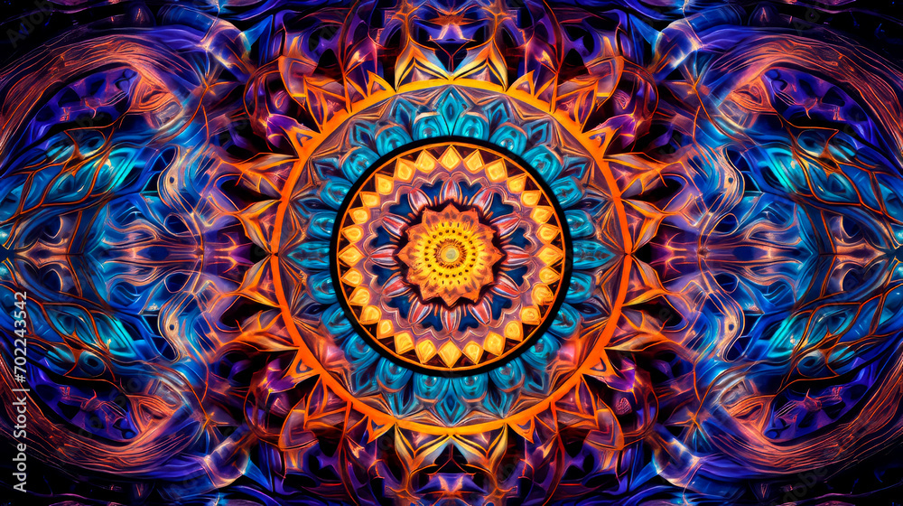 meditation and trance Mandala in mesmerizing fractal design radiating from a central point a spectrum of warm colors in the form of a blossoming flower. Natural Organic Patterns. Abstract background