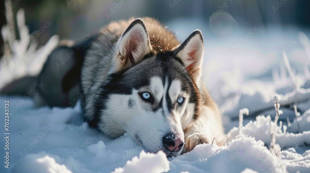 A Majestic Husky Dog Resting in a Winter Wonderland A Majestic Husky Dog Resting in a Winter Wonderland