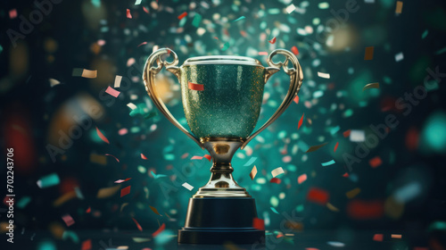 A shiny trophy cup highlighted by falling colorful confetti, symbolizing victory and celebration.