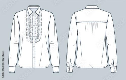  Ruffled Shirt technical fashion Illustration. Classic Shirt fashion flat technical drawing template, cuffed long sleeve, button down, front and back view, white, women CAD mockup.