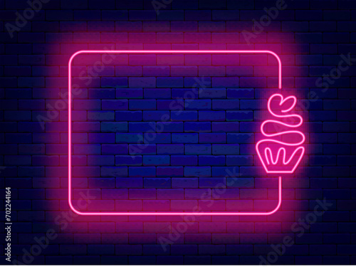 Candy shop neon advertising. Cupcake and empty pink border. Happy Valentines day. Copy space. Vector stock illustration