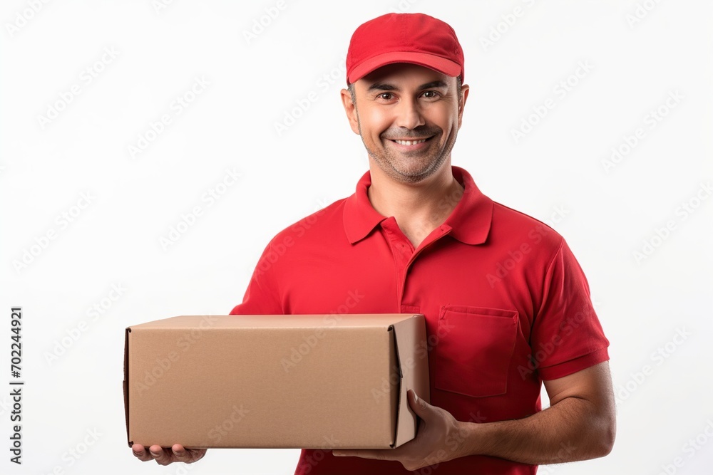 Friendly courier in a red cap and polo shirt offering a package, isolated on a white background with copy space. Friendly courier in a red cap and polo shirt offering a package, isolated on a white background with copy space.