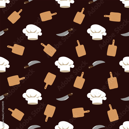 Seamless designer pattern depicting chef's hat, knife and chopping board