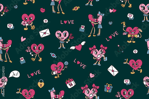 Valentine's Day seamless pattern with groovy style elements. Vector pattern in retro style of the 70s, 80s. Cute heart characters. Vector illustration