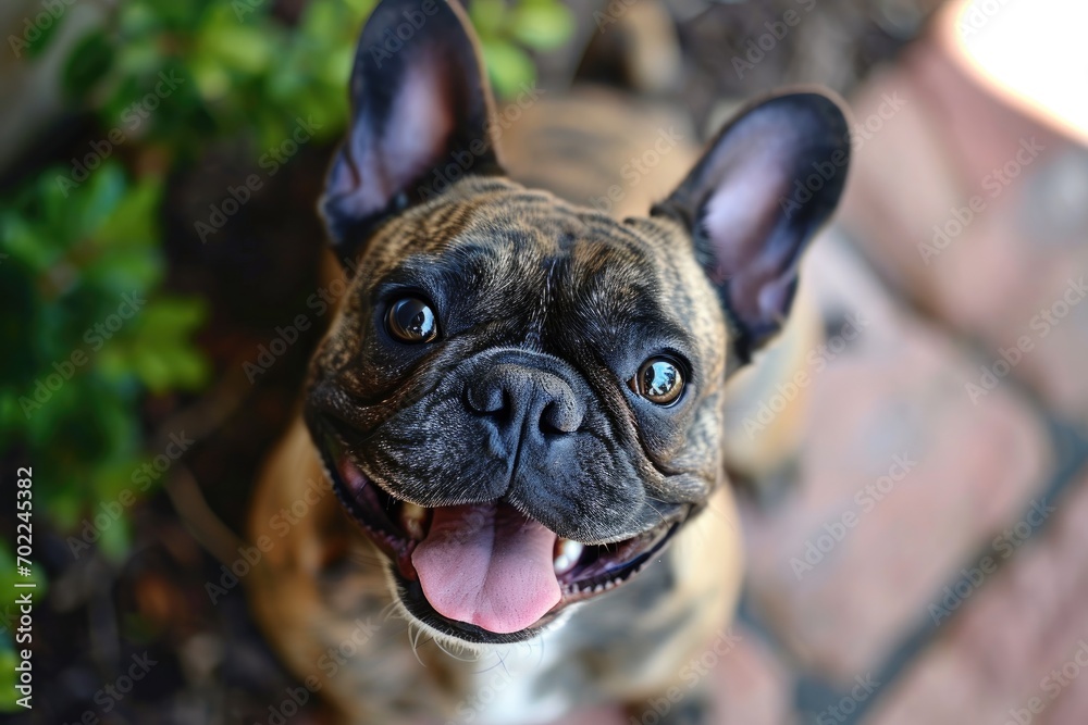 A curious french bulldog gazes up at the camera, its snout quivering with excitement as it basks in the warm outdoor sunlight