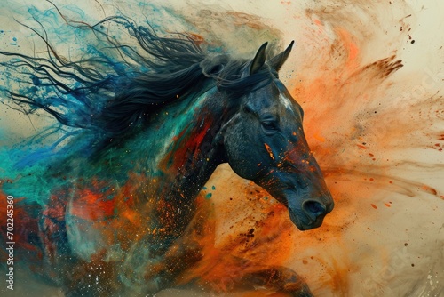 A majestic horse gallops through a rainbow of acrylic paint, transforming into a vibrant work of art © AiAgency