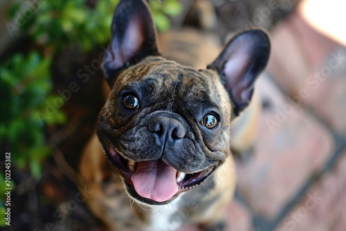 A curious french bulldog gazes up at the camera, its snout quivering with excitement as it basks in the warm outdoor sunlight photo