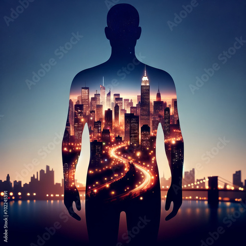 A whimsical, animated style human silhouette filled with a bustling cityscape at night. photo