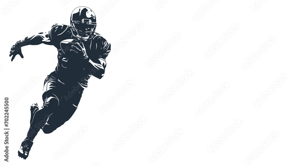 The silhouette of a running American football player in the left part of the frame on a white background. Place for the text on the left