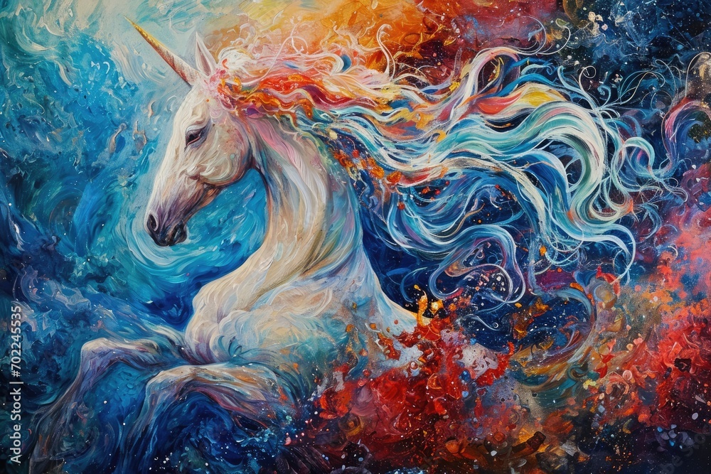 A mesmerizing fusion of modern art and mythical creatures, this acrylic painting captures the majestic essence of a unicorn with its intricate brushstrokes and vibrant colors A mesmerizing fusion of modern art and mythical creatures, this acrylic painting captures the majestic essence of a unicorn with its intricate brushstrokes and vibrant colors