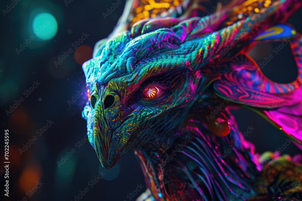 Obraz premium A stunning avian creature, with the vibrancy of a mammal, the grace of a dragon, and the majesty of a reptile, gazes intently with its brilliant eyes