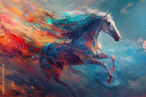 Naklejka A majestic horse adorned with a vibrant mane of acrylic painted hues, embodying the beauty and fluidity of art and nature