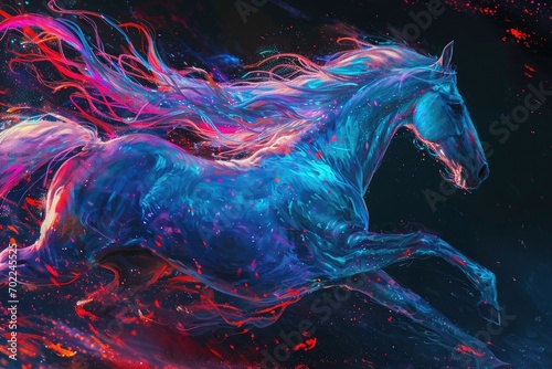 A majestic mammal with vibrant hues, a true work of art, a horse with a colorful mane and tail stands in all its beauty