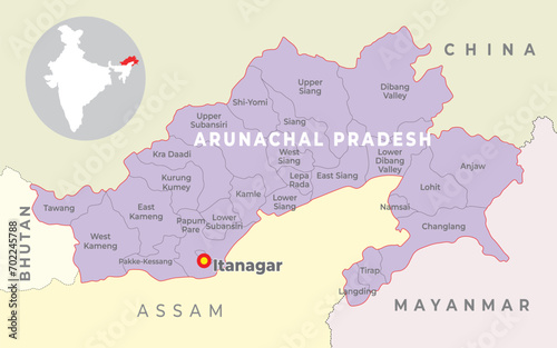 Arunachal Pradesh District map with neighbour state and country photo