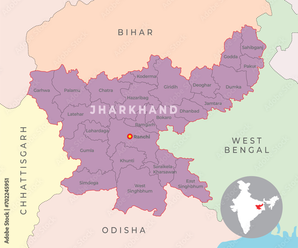 Fototapeta premium Jharkhand district map with neighbour state and country