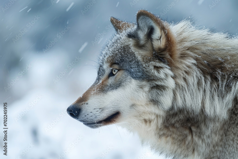 The fierce beauty of a lone gray wolf against the backdrop of a snowy wilderness