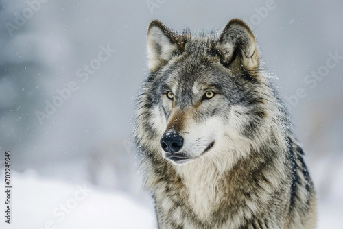 The fierce beauty of a lone gray wolf against the backdrop of a snowy wilderness © Venka