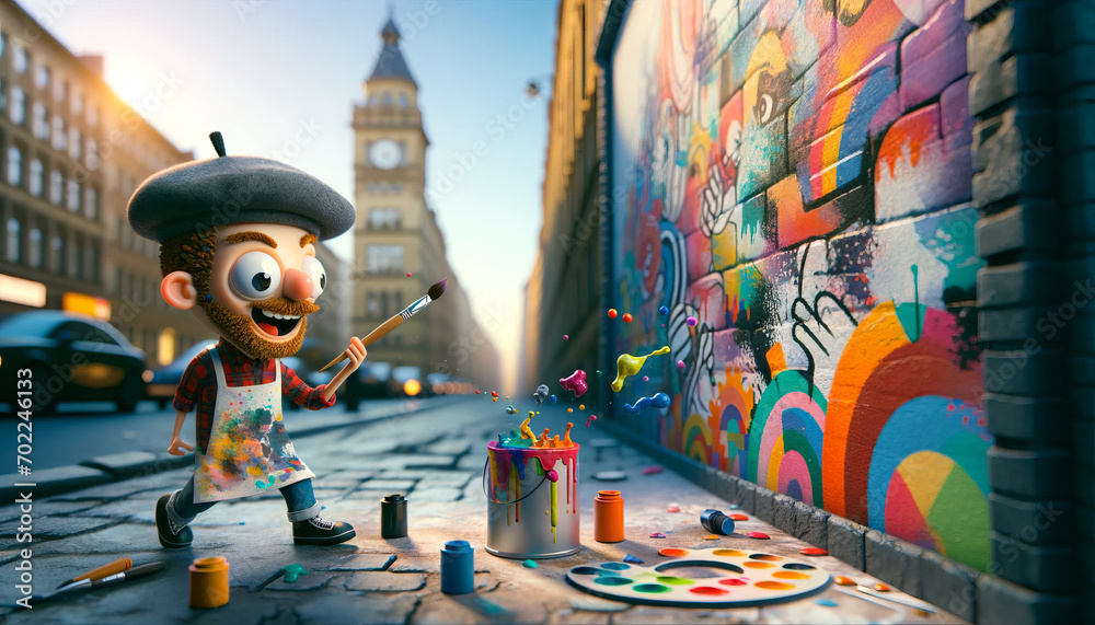 Naklejka premium A whimsical animated art image of an artist painting a vibrant mural on an urban street wall.
