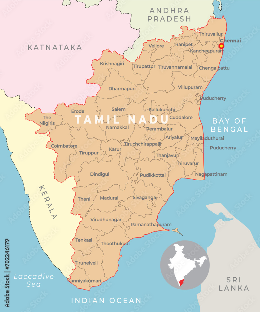 Tamil Nadu district map with neighbour state