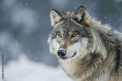 The fierce beauty of a lone gray wolf against the backdrop of a snowy wilderness