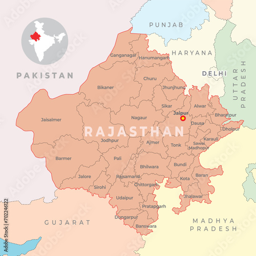 Rajasthan district map with neighbour state and country