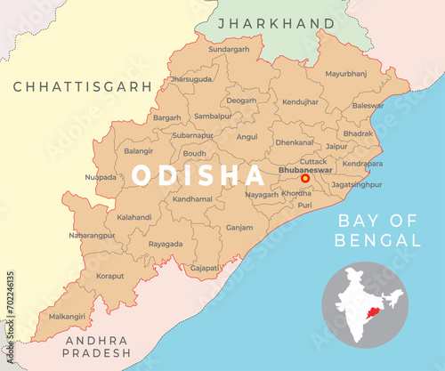 Odisha district map with neighbour state