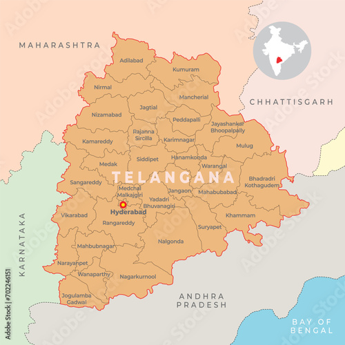 Telangana district map with neighbour state photo