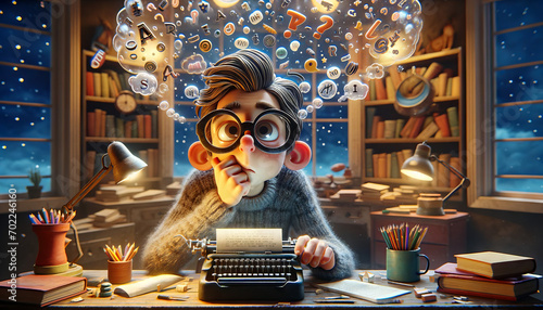 A whimsical animated art style image of a contemplative writer at a typewriter.