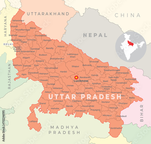 Uttar Pradesh district map with neighbour state and country