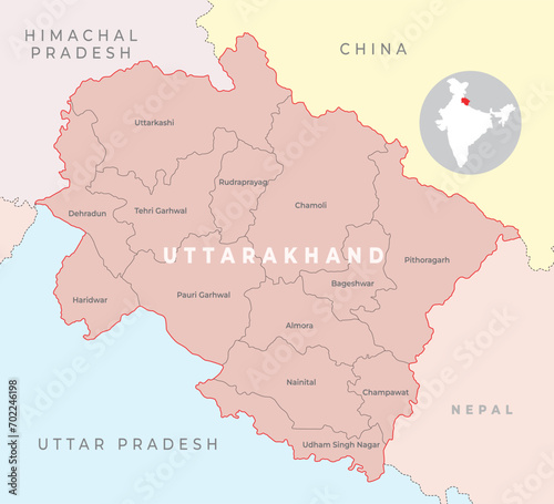 Uttarakhand district map with neighbour state and country