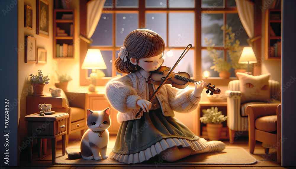 A detailed whimsical animated art scene featuring a girl playing a violin with her cat listening attentively. - obrazy, fototapety, plakaty 