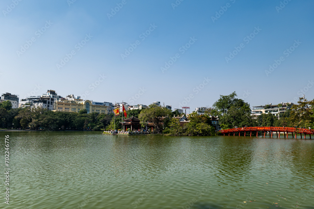 Hoan Kiem lake in Hanoi, Vietnam, with iconic Ngoc Son Temple, downtown Hanoi, Vietnam 