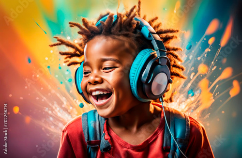 Wallpaper Mural Portrait of a cheerful boy wearing a T-shirt isolated over colorful background, listening to music with headphones, dancing Torontodigital.ca