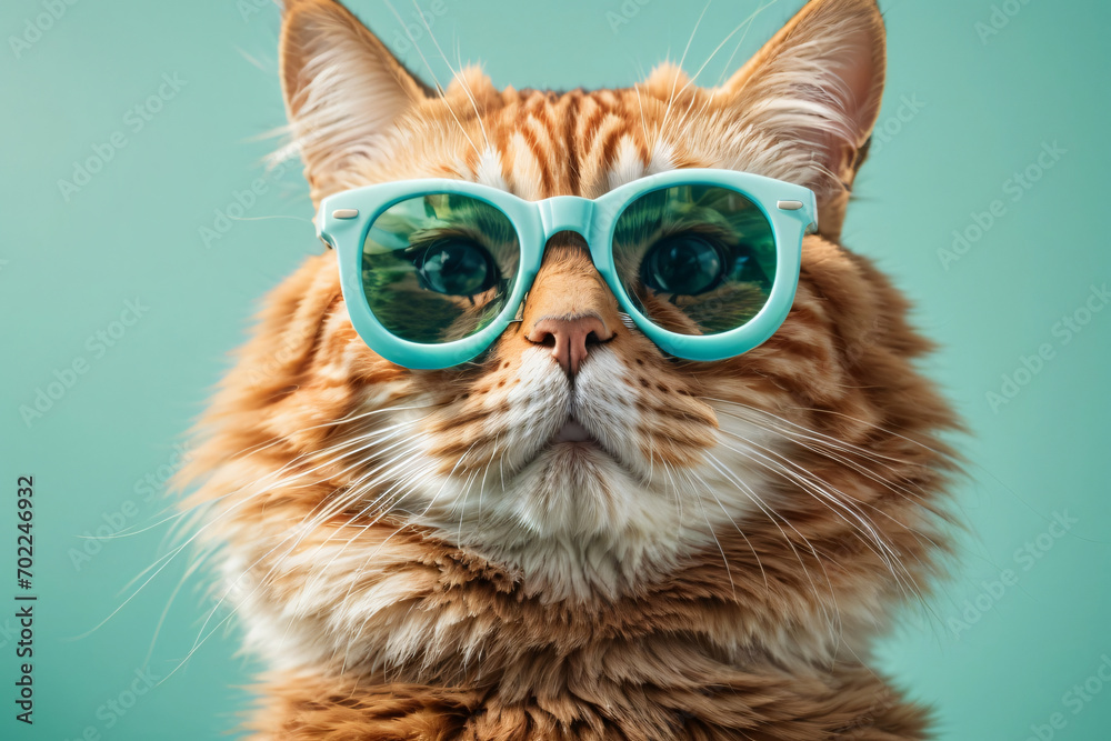 Closeup portrait of funny ginger cat wearing sunglasses isolated on light cyan. Ai Generative Closeup portrait of funny ginger cat wearing sunglasses isolated on light cyan. Ai Generative