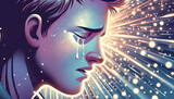 A whimsical, animated art style depiction of a close-up or medium shot of a person's face with tears streaming down.