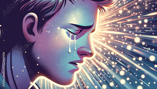 A whimsical, animated art style depiction of a close-up or medium shot of a person's face with tears streaming down. photo
