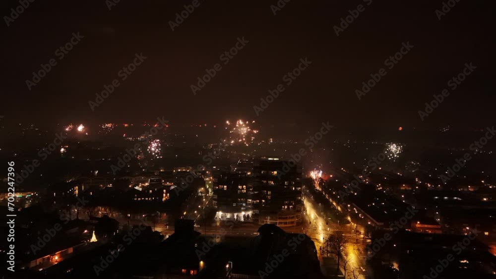 Aerial Display of New Year's Fireworks Over Hilversum, Netherlands Aerial Display of New Year's Fireworks Over Hilversum, Netherlands