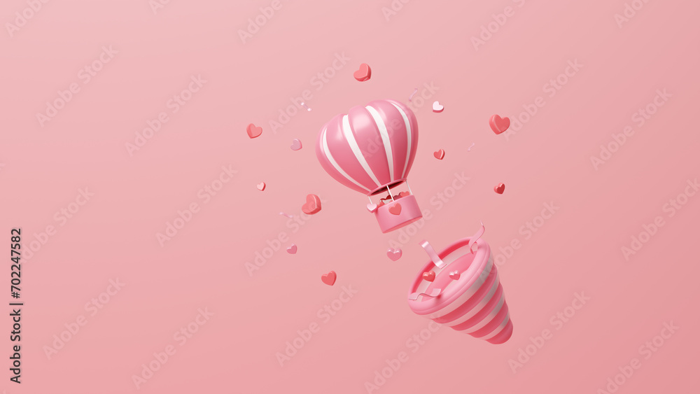 Valentine's day concept, Red hot air balloons love flying on pink background. Origami and Happy Valentine's day poster or voucher. Greeting card, social media, wallpaper, website, sale. 3d rendering