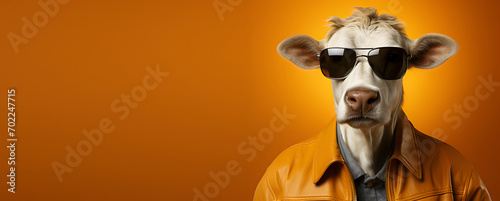 Portrait of a cow wearing sunglasses and jacket on an isolated yellow background