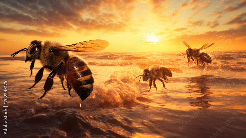 Seaside Buzz: Bees Fluttering by the Sea at a Enchanting Sunset Seaside Buzz: Bees Fluttering by the Sea at a Enchanting Sunset