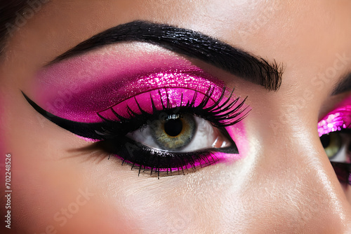 Close-up of a woman's eyes with hot pink eye shadow. Generative AI
