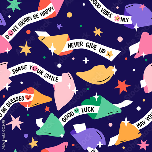 Seamless pattern with Positive message fortune cookies. Cute trendy vector illustration. Background with motivation quotes. 
