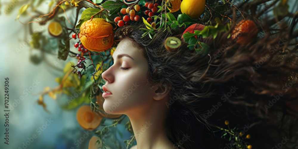 a lady with her hair thrown in the air in a fruity scene, concept of Using vitamin and fiber supplements helps promote health and youth - obrazy, fototapety, plakaty 