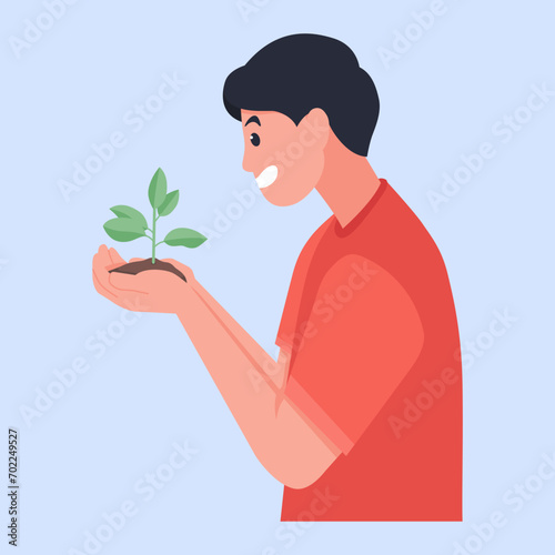 Illustration of a man holding a small tree in the palm of his hand. Gardener plants seedlings for the natural environment. world day concept