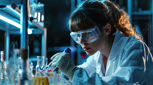 Beautiful Female Scientist Wearing Protective Goggles Mixing Chemicals in a Test Tube in a Lab. Young Professional Microbiologist Working in Modern Laboratory with Technological Equipment.