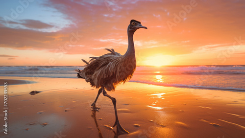 Maritime Ostrich: Sunset Sprint by the Coastal Sun