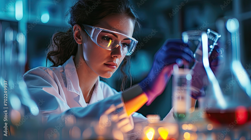 Obraz premium Beautiful Female Scientist Wearing Protective Goggles Mixing Chemicals in a Test Tube in a Lab. Young Professional Microbiologist Working in Modern Laboratory with Technological Equipment.