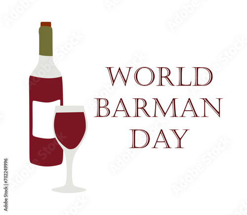 International Bartender Day Poster with Lettering. Bottle of Red wine and Wineglass on World Barman Day with Text. Vector Flat Object isolated on White. Illustration for Banner, Card. Beverage concept